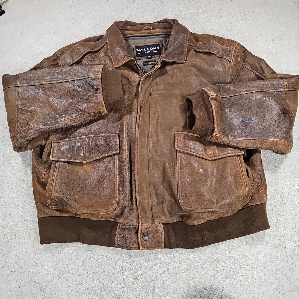 Wilsons Leather Jacket Mens 2XL Brown Bomber Flight Full Zip Insulated Lined